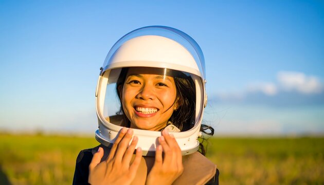 A joyful woman wears a white spacesuit helmet, smiling warmly, against a vibrant backdrop of a grassy field and a clear blue sky. - Powered by Adobe