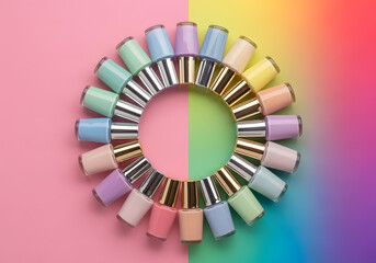 Fototapeta premium Pastel Nail Polish Bottles Arranged in a Circle on Pink and Rainbow Background