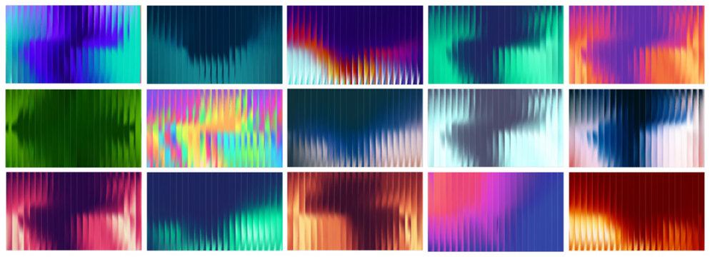Glass gradient fractal background with neon light effect and ribbed pattern. Abstract vertical design in vibrant purple and green color spectrum. Modern geometric prism with chromatic aberration.
