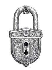 Ornate metal padlock, detailed engraved design