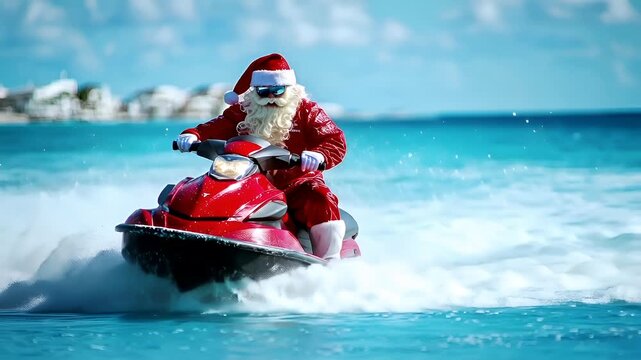 Santa Claus riding a red jet ski on a wave in the ocean.