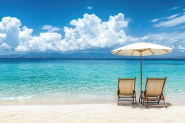 Fototapeta premium Tranquil beach scene with two chairs and umbrella