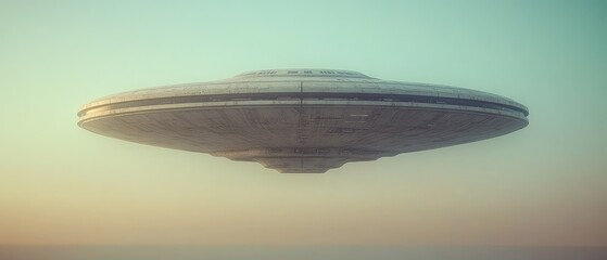 Massive disc-shaped unidentified flying object floating in teal and amber gradient sky with weathered textures and intricate details.