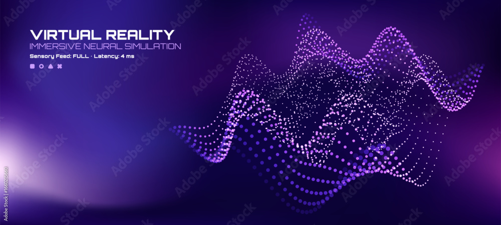 Poster purple abstract wave of dots representing a neural network or immersive virtual reality. digital tec