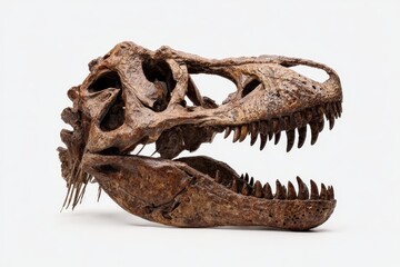 Fototapeta premium T Rex Skull. Fossil of Dinosaur Model in White and Brown, Isolated on Background