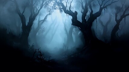 A dark, atmospheric forest scene with a misty atmosphere. The style is reminiscent of digital art, with a focus on mood and atmosphere over detailed realism.