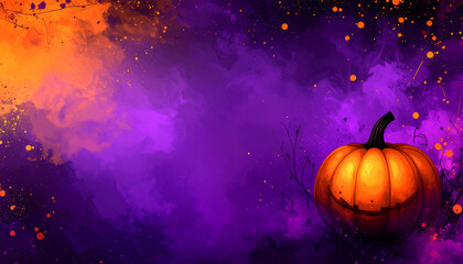 Halloween pumpkin with a spooky grin against a vibrant purple and orange backdrop with swirling mist and sparkles, perfect for holiday decorations and celebrations