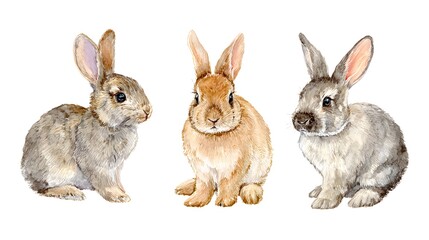 Obraz premium An animal clipart bundle featuring three watercolor paintings of brown cute rabbits isolated on white