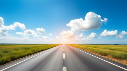 구름 가득 하늘 아래 일직선 고속도로 옆 잔디밭 수평선The horizontal line of lawn next to a straight highway under a cloud-filled sky