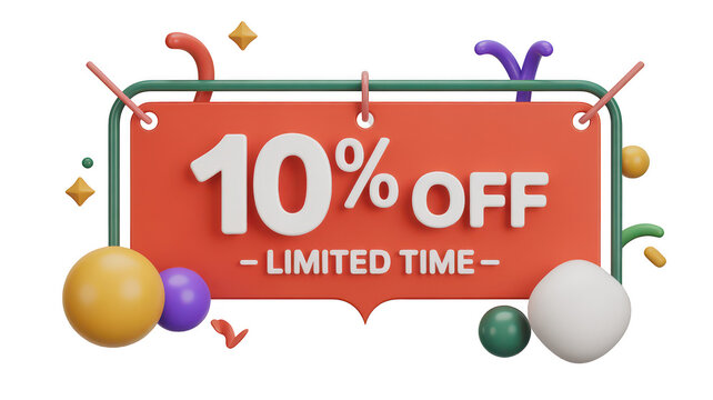 Ten percent off limited time sale tag isolated on transparent background