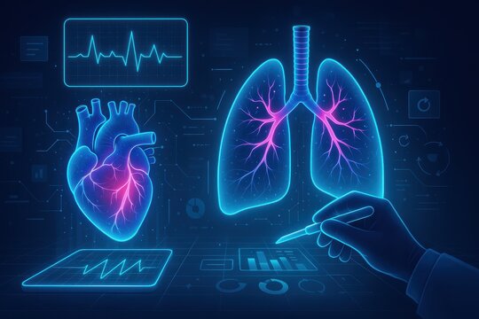 Futuristic medical technology interface displaying heart, lungs, and vital signs for analysis