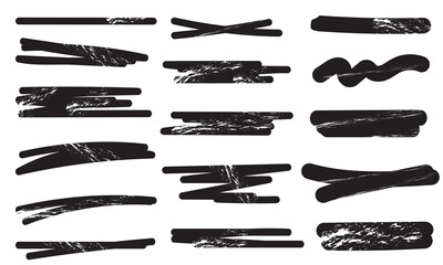 Black highlighter marker stroke collection. Set of black highlighter and marker strokes in various shapes and textures, useful for design, notes, and creative graphics.
