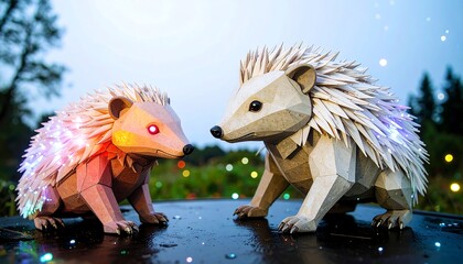 Two intricate paper hedgehog sculptures, illuminated with fiber optic lights, create a captivating display against a backdrop of twinkling lights.