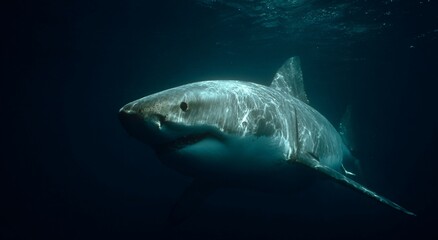 Fototapeta premium Underwater Great White Shark, Ocean Wildlife, Cinematic Atmosphere