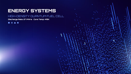 Quantum fuel cell system display. Energy technology concept with glowing particles for scientific background.