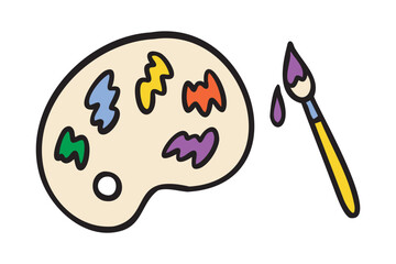 Paint palette with brush, art class doodle icon for creative school planner, hand drawn