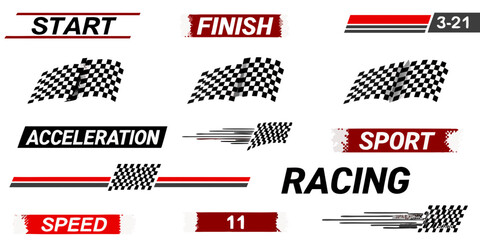 Racing themed design elements featuring checkered flags speed and acceleration