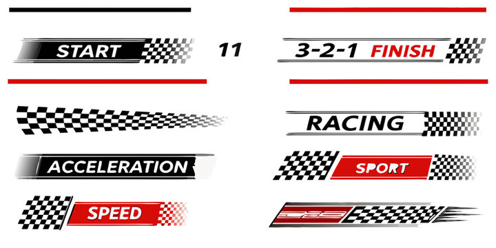 Racing themed vector graphic elements with checkered flags and text labels - Powered by Adobe