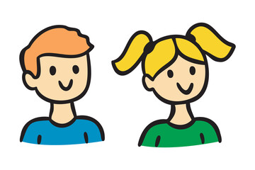 Boy and girl portraits in naive doodle style, simple friendly school characters, hand drawn