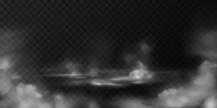 Realistic isolated 3d smoke, transparent white mist spreading across the floor, overlay effect. Steam, fog, smog, vapor on the ground, mysterious haze. Vector illustration, border, background, stage.