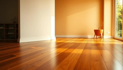 Warm, honey-toned oak hardwood floor gleaming under soft light, interior design, wooden planks