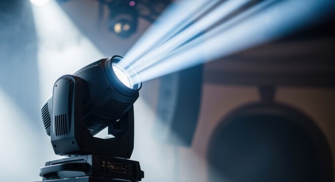 Side view of movinghead spotlight tilting vertically focusing crisp rays in preparation for live performance illumination.