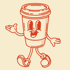 Smiling friendly coffe to go character mascot in shoes. Coffee shop mascot symbol. Hands up, finger up