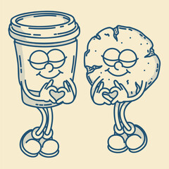 Happy retro mascot cookie and coffee to go character, smiling, love heart gesture. Menu, homemade bakery symbol