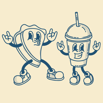 Happy retro mascot piece of pie and coffee to go character, smiling, thumb up gesture. Menu, homemade bakery symbol