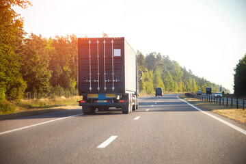 Transportation of a sea metal container on a container ship trailer with a tractor against the background of a forest and a highway in summer. Copy space for text