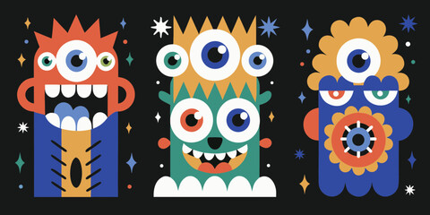 Three Colorful Cartoon Monsters with Big Eyes