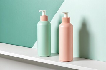 Two pastel colored dispenser bottles on a shelf with a soft background
