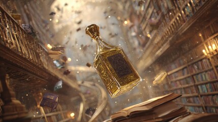 Enchanted Library with Floating Potion Bottle