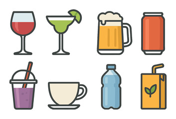 Colorful beverage icons: wine, margarita, beer, soda, smoothie, coffee, water, juice