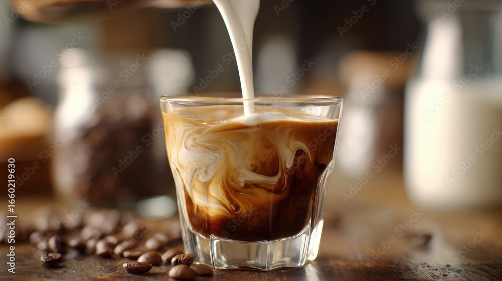 Poster stream of frothy milk pouring into a rich espresso shot creating silky swirls in sharp detail with b