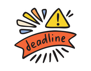 Deadline warning sign, red exclamation in triangle, attention doodle sticker for planner, hand drawn