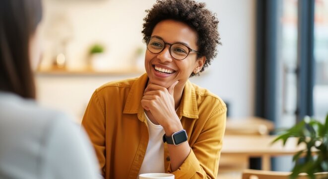 Illustration of a friendly person using positive body language and active listening skills to build rapport and foster likability in social or professional settings. Cinematic