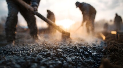 Obraz premium A group of construction workers pouring a cement foundation in the morning long title A team of construction workers carefully pouring and smoothing