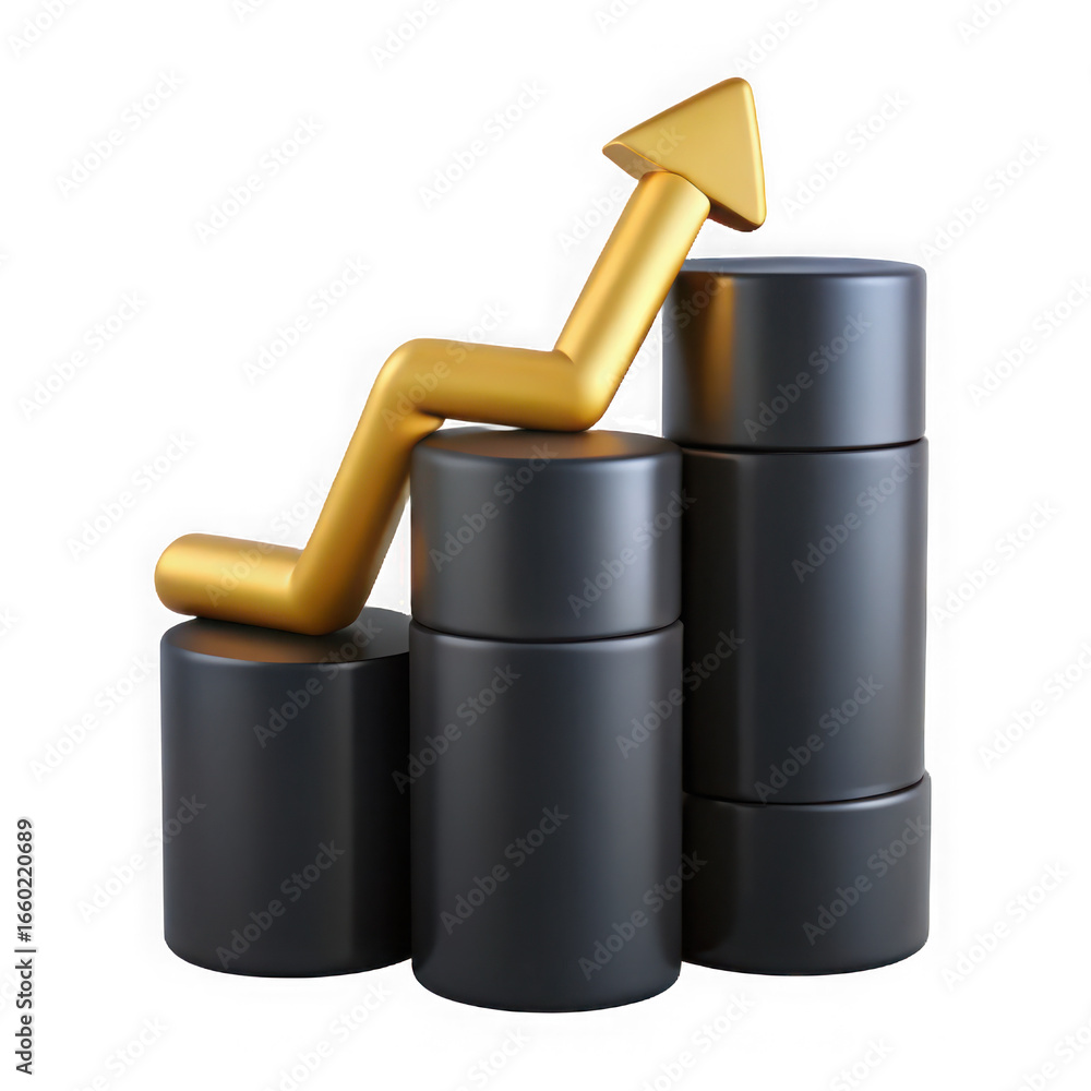 Poster golden upward arrow graph symbolizing financial growth and success placed on dark cylindrical object