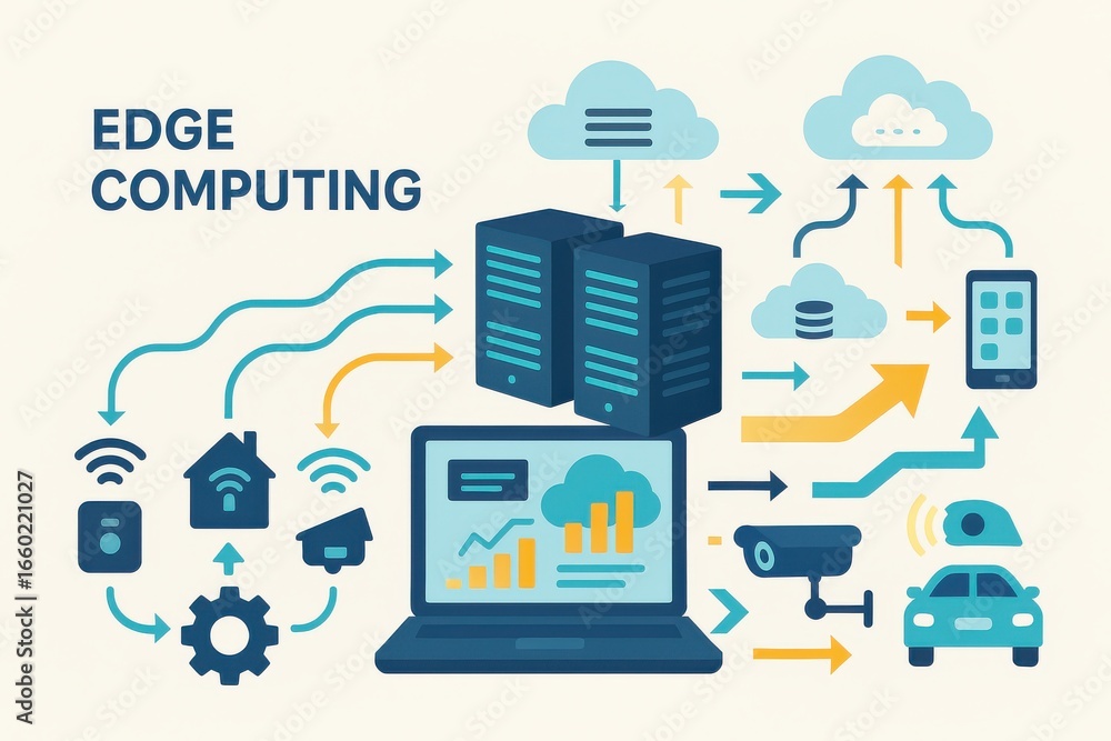 Aufkleber illustration of edge computing network with connected devices and cloud services