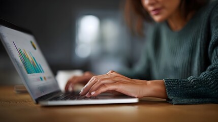 Woman working on financial dashboard on laptop in home office