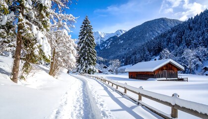 Fototapeta premium A picturesque winter scene showcasing a snow-covered mountain village nestled within a valley, with a charming wooden chalet and snow-laden trees.