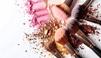 Makeup Brushes and Powder in Artistic Arrangement, Isolated on White Background