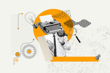 Collage of a man with a typewriter in the head on a background with a lamp, a magnifying glass,...