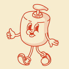 Retro mascot bottle. Refillable cosmetic pump bottle for lotion, serum, soap. Eco-friendly recyclable plastic, minimalist spa aesthetic