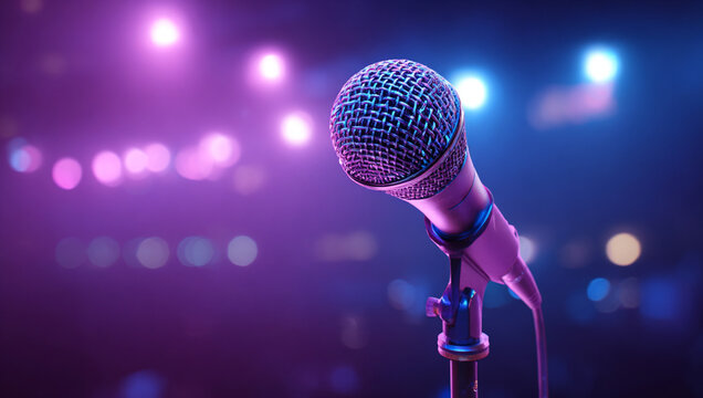 Photo of an open microphone on a stage, with a purple background and blue lighting, creating a depth of field effect. 