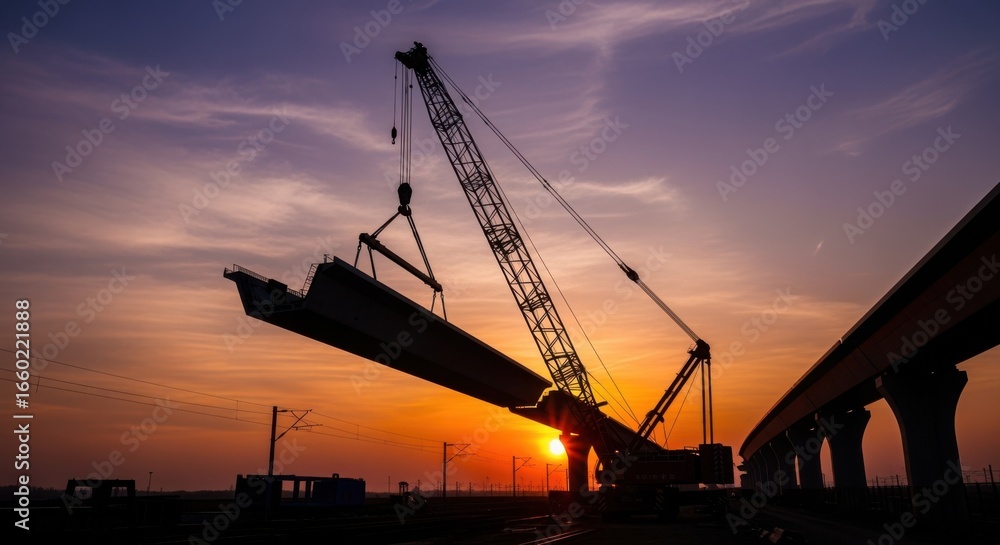 Poster sunset backdrop featuring a silhouetted crane lifting a highspeed rail viaduct segment illuminating 