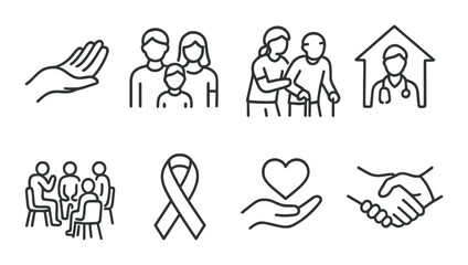 Community support and care icons: family, assistance, health, unity, compassion symbols