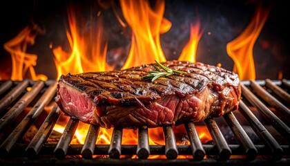 Grilled steak over flames showing the texture and cooking process ready to eat