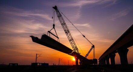 Sunset backdrop featuring a silhouetted crane lifting a highspeed rail viaduct segment illuminating the scale of modern transportation projects.